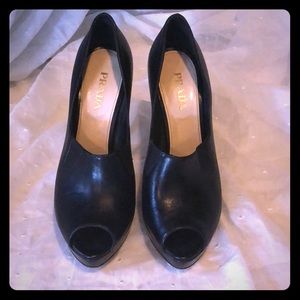 PRADA Black Leather Peep Toe High Heel Platform
